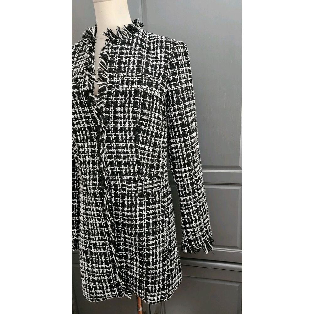 Venus Women Black Longline Tweed Fringe Blazer Jacket Size 2 - Picture 4 of 10